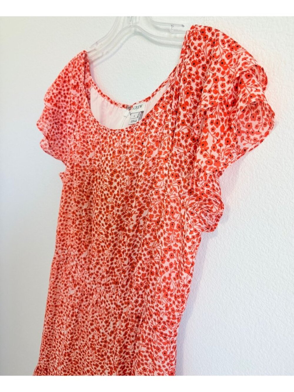 J. Crew Short Sleeve Round Neck Ruffled White/Orange Floral Dress Size 8 - Picture 6 of 8